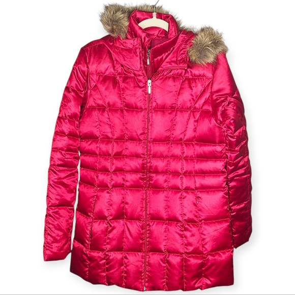 Lands’ End Goose Down Puffer Coat, Faux Fur Hood Trim, Magenta, Size Small, GUC - Picture 1 of 16